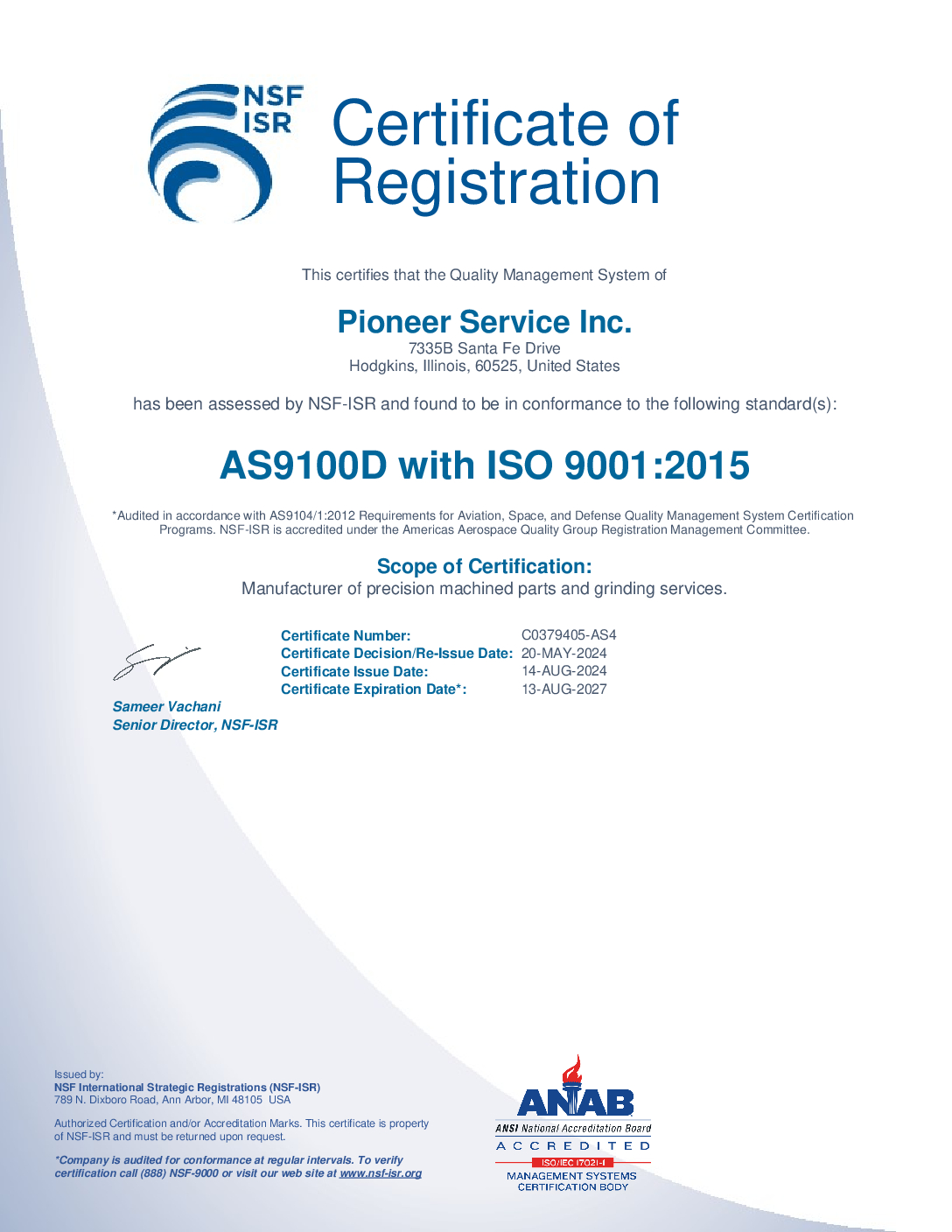 Pioneer Service Inc Certification
